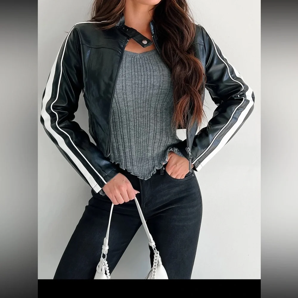 Love Tree Faux Leather Jacket Size Large Black/White Contrast Stripe Cropped - Picture 1 of 15
